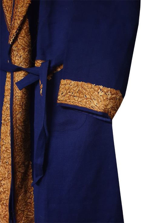 Men Woolen Nightgown Dressing Gown Sleep And Lounge Wear With Kashmiri Charming Embroidery Free Size - Blue2