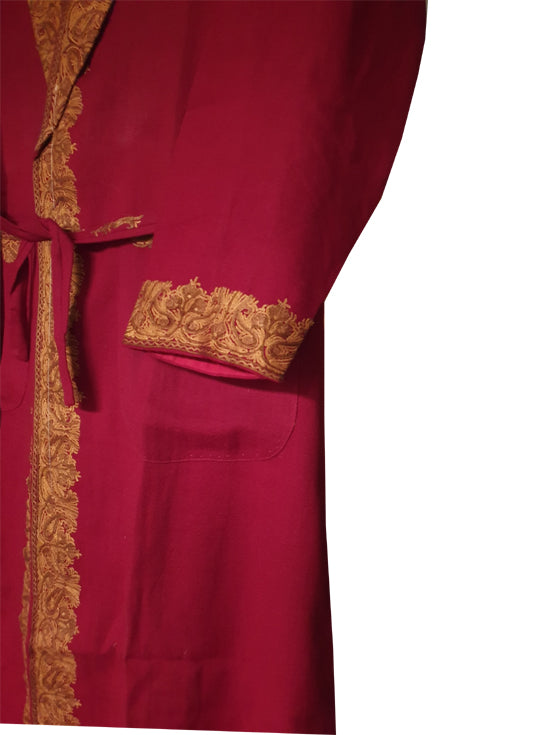 Men Woolen Nightgown Dressing Gown Sleep And Lounge Wear With Kashmiri Charming Embroidery Free Size-maroon