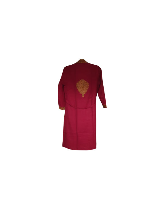 Men Woolen Nightgown Dressing Gown Sleep And Lounge Wear With Kashmiri Charming Embroidery Free Size-maroon
