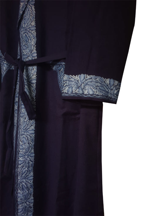 Men Woolen Nightgown Dressing Gown Sleep And Lounge Wear With Kashmiri Charming Embroidery Free Size - Blue