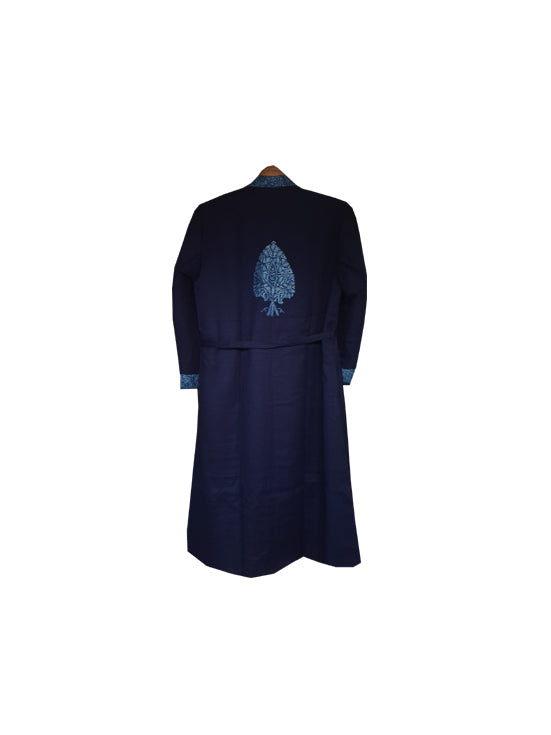 Men Woolen Nightgown Dressing Gown Sleep And Lounge Wear With Kashmiri Charming Embroidery Free Size - Blue