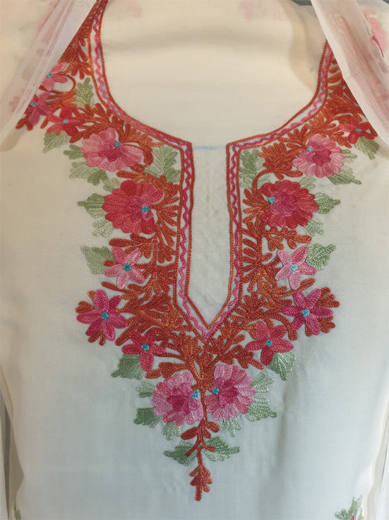 Women Cotton Suits with Kashmiri Embroidery Unstitched Dress Material Salwar Suits -White