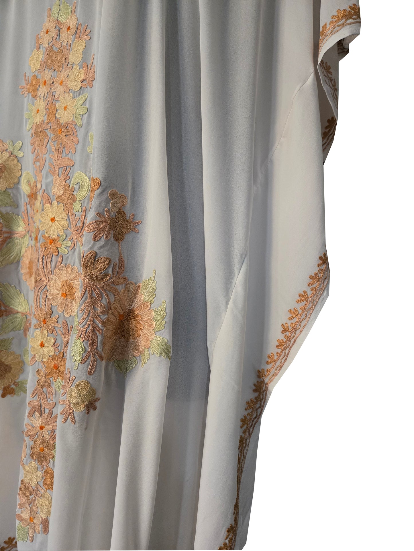 Kashmir Gallery Women Kashmiri Crape Kaftan Nightgown Maxi with Kashmiri Charming Embroidery Free Size- White2