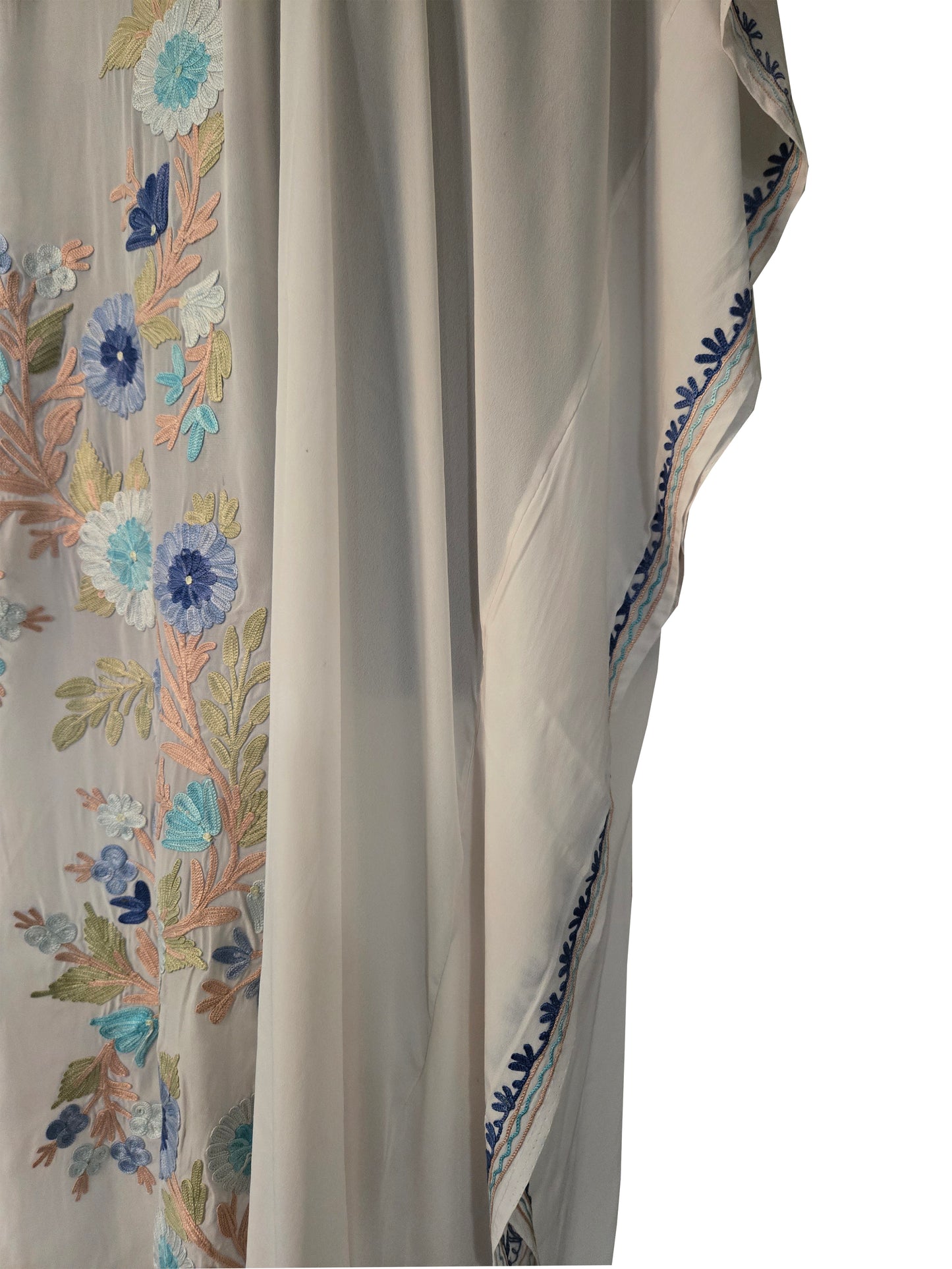 Kashmir Gallery Women Kashmiri Crape Kaftan Nightgown Maxi with Kashmiri Charming Embroidery Free Size- White