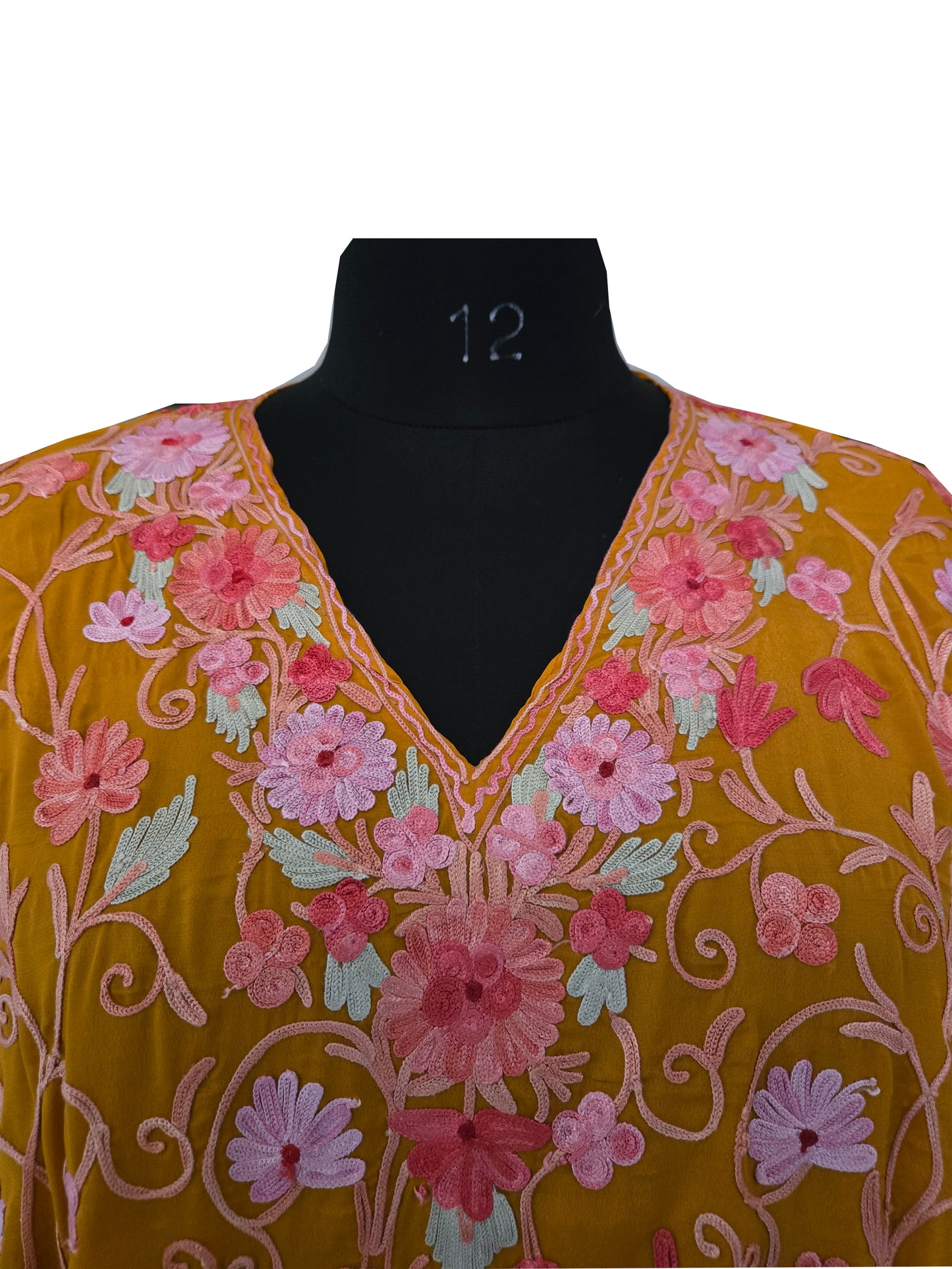 Kashmir Gallery Women Kashmiri Crape Kaftan Nightgown Maxi with Kashmiri Charming Embroidery Free Size- Mustard