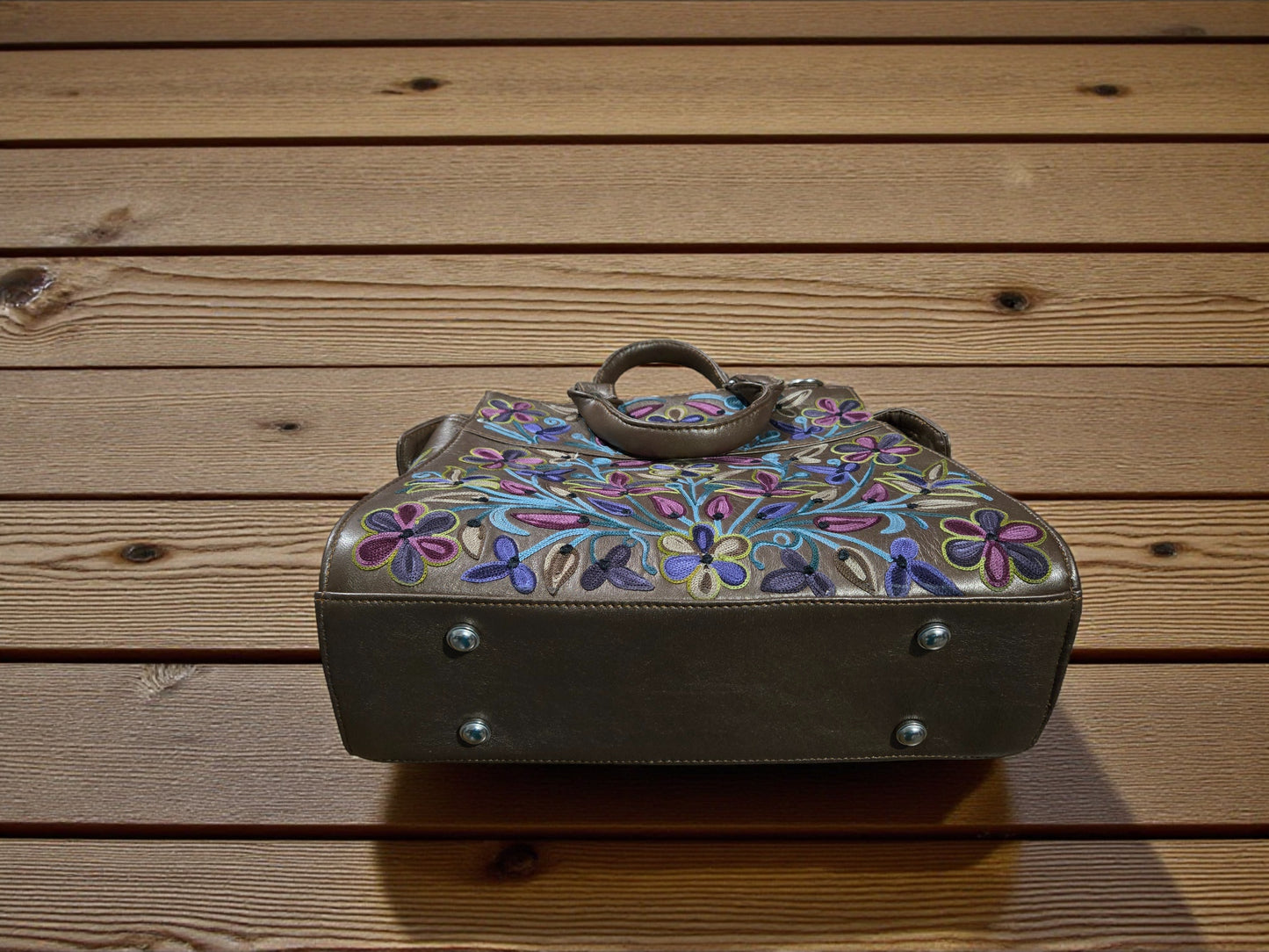 Women Leather Bag With Strap With Gorgeous Kashmiri Embroidery - Dark Grey