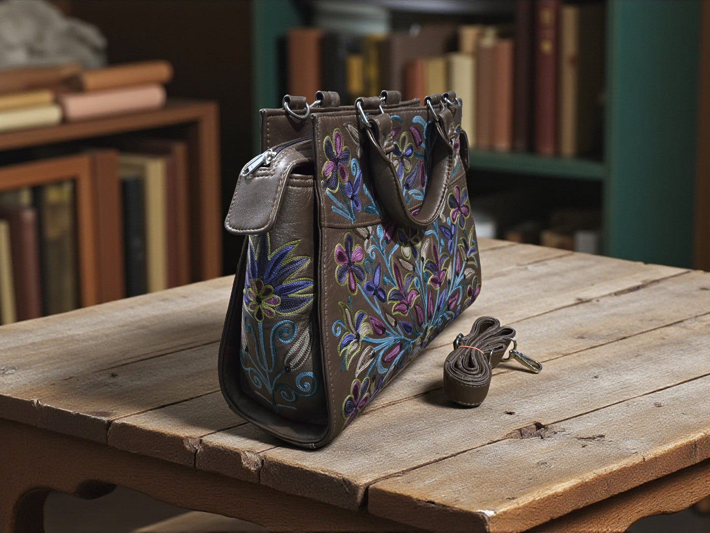 Women Leather Bag With Strap With Gorgeous Kashmiri Embroidery - Dark Grey