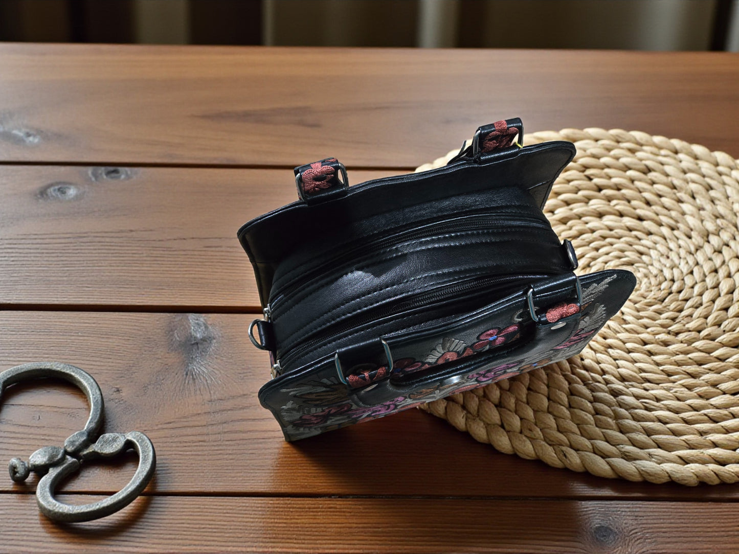 Women Leather Bag With Strap With Gorgeous Kashmiri Embroidery - Black