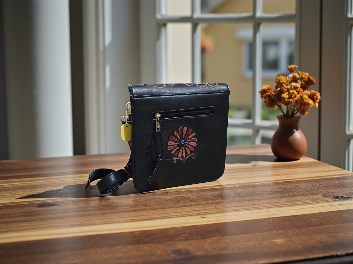 Women Leather Sling Bag With Strap With Gorgeous Kashmiri Embroidery - Black