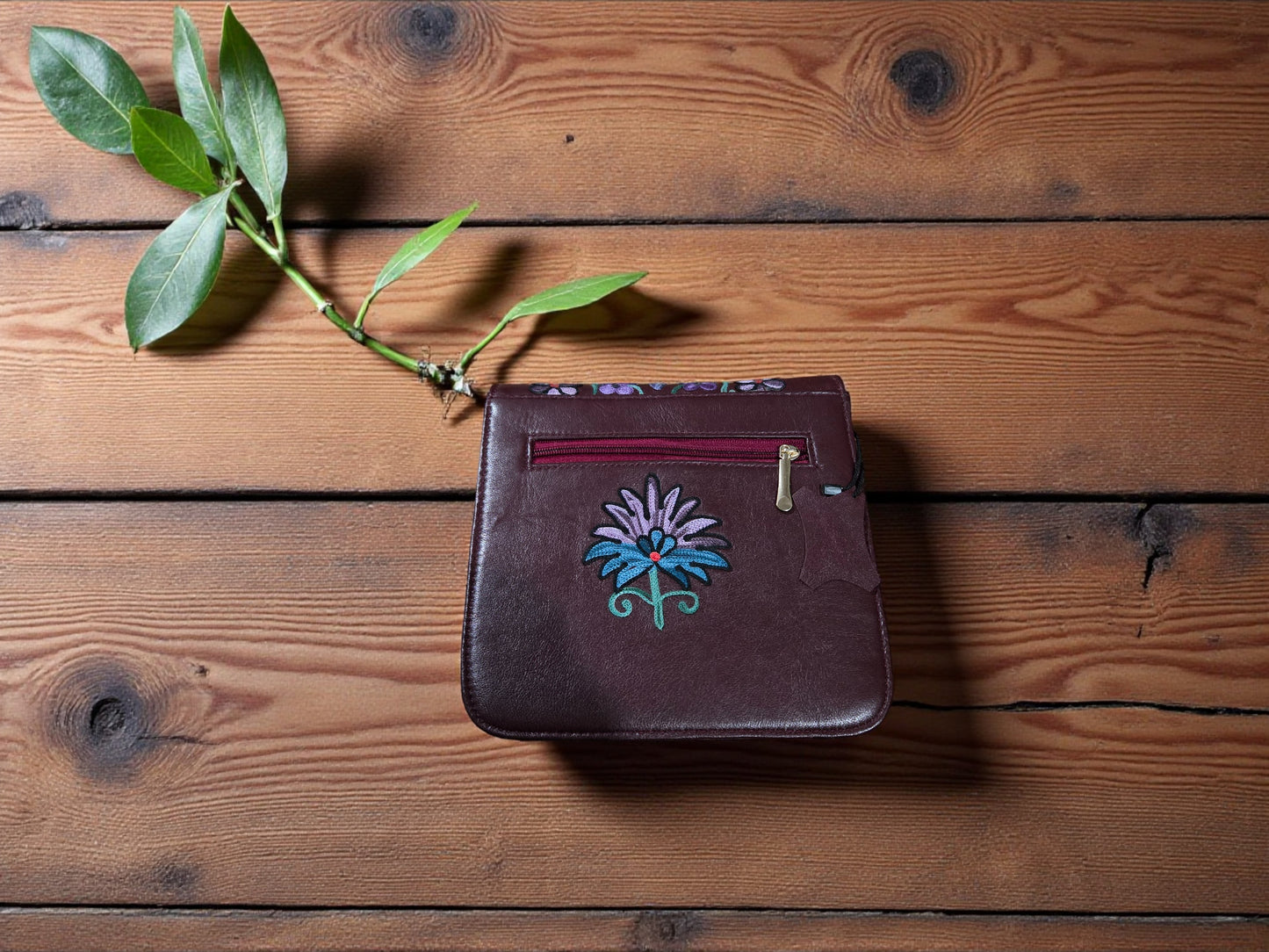 Women Leather Sling Bag With Strap With Gorgeous Kashmiri Embroidery - Brown
