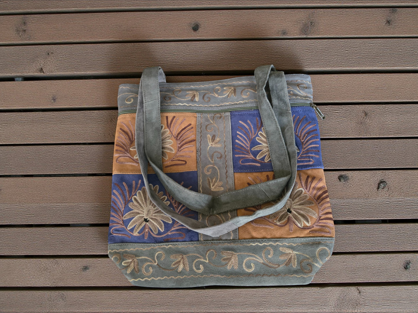 Women suede leather tote strap bag with kashmiri embroidery - Blue