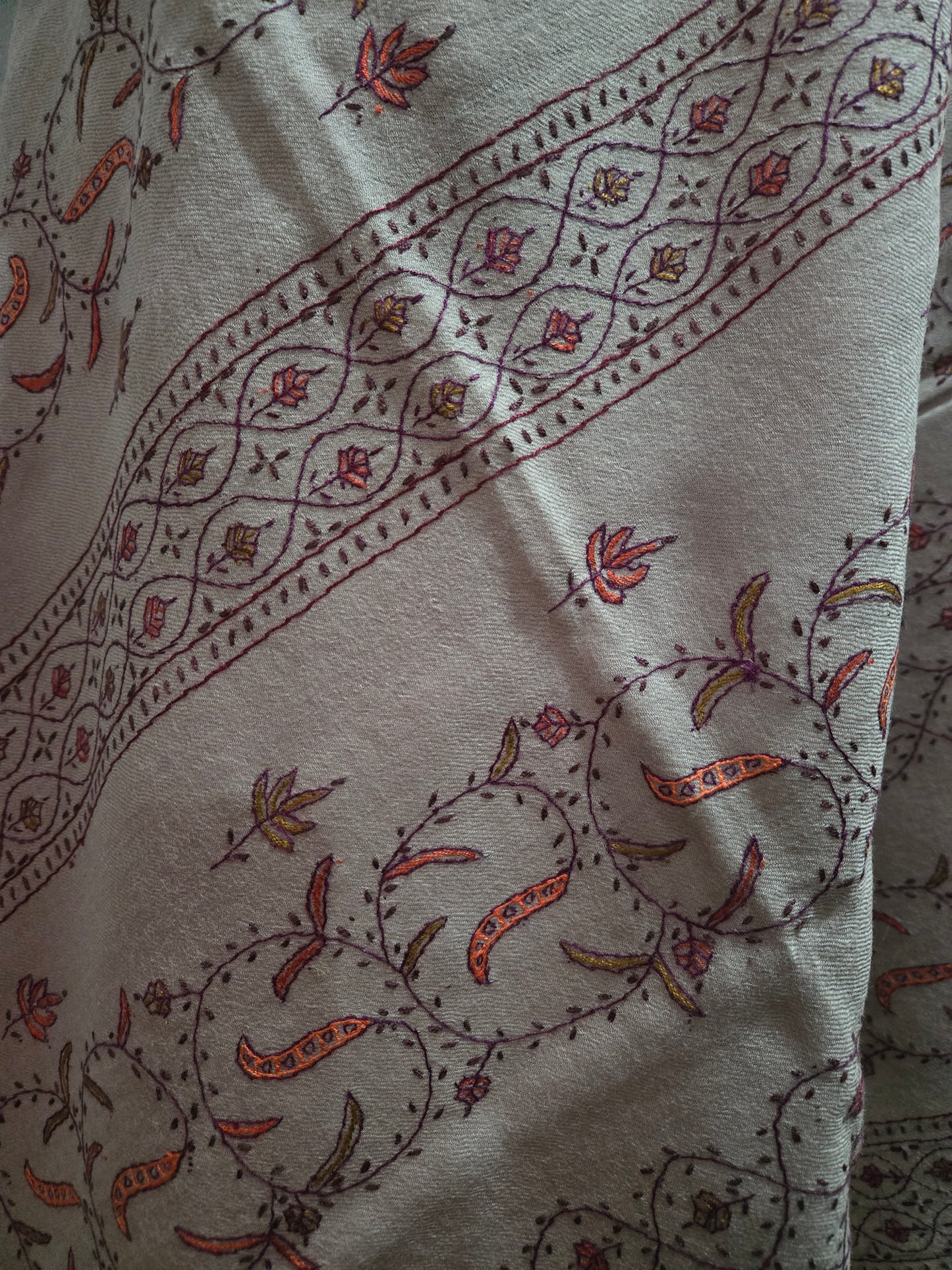 Kashmiri Woolen shawl with Embroidery | Elegant Winter Wrap | Traditional Ethnic Wear for Women - Soft Taupe