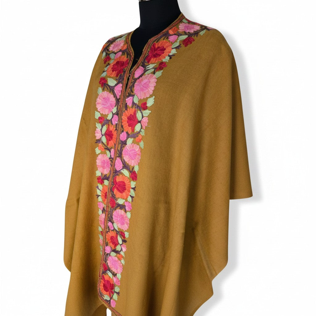 Kashmiri Ponchu for Women, Woolen Shrugs - Mustard