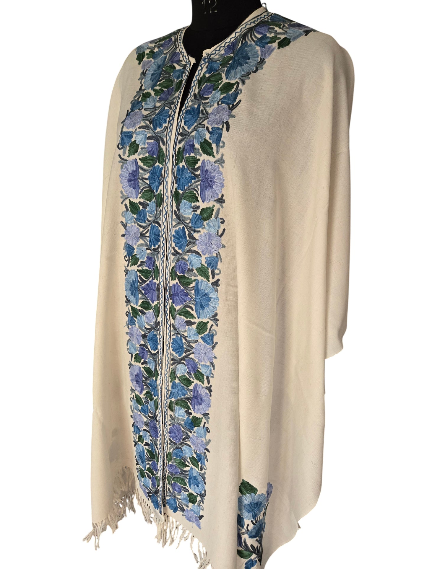 Kashmiri Ponchu for Women, Woolen Shrugs - White