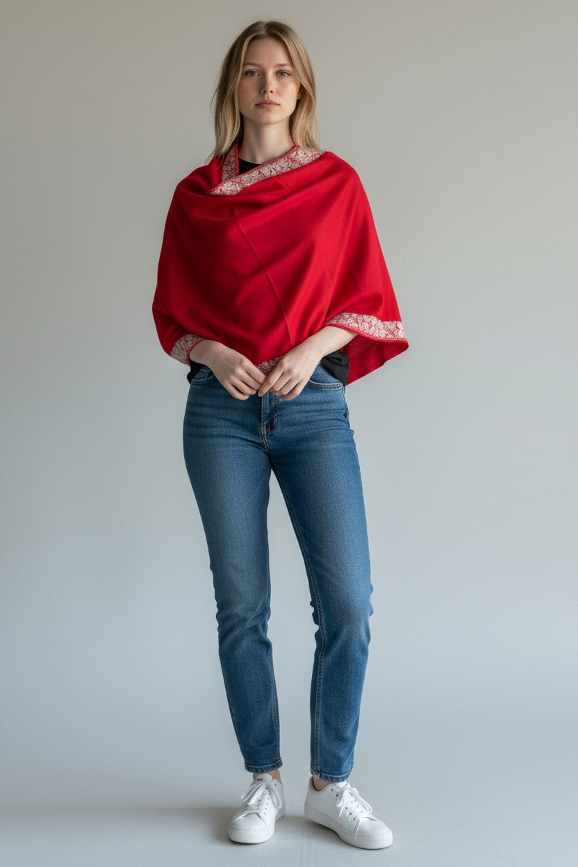 Kashmiri Woolen shawl with Embroidery | Elegant Winter Wrap | Traditional Ethnic Wear for Women - Red