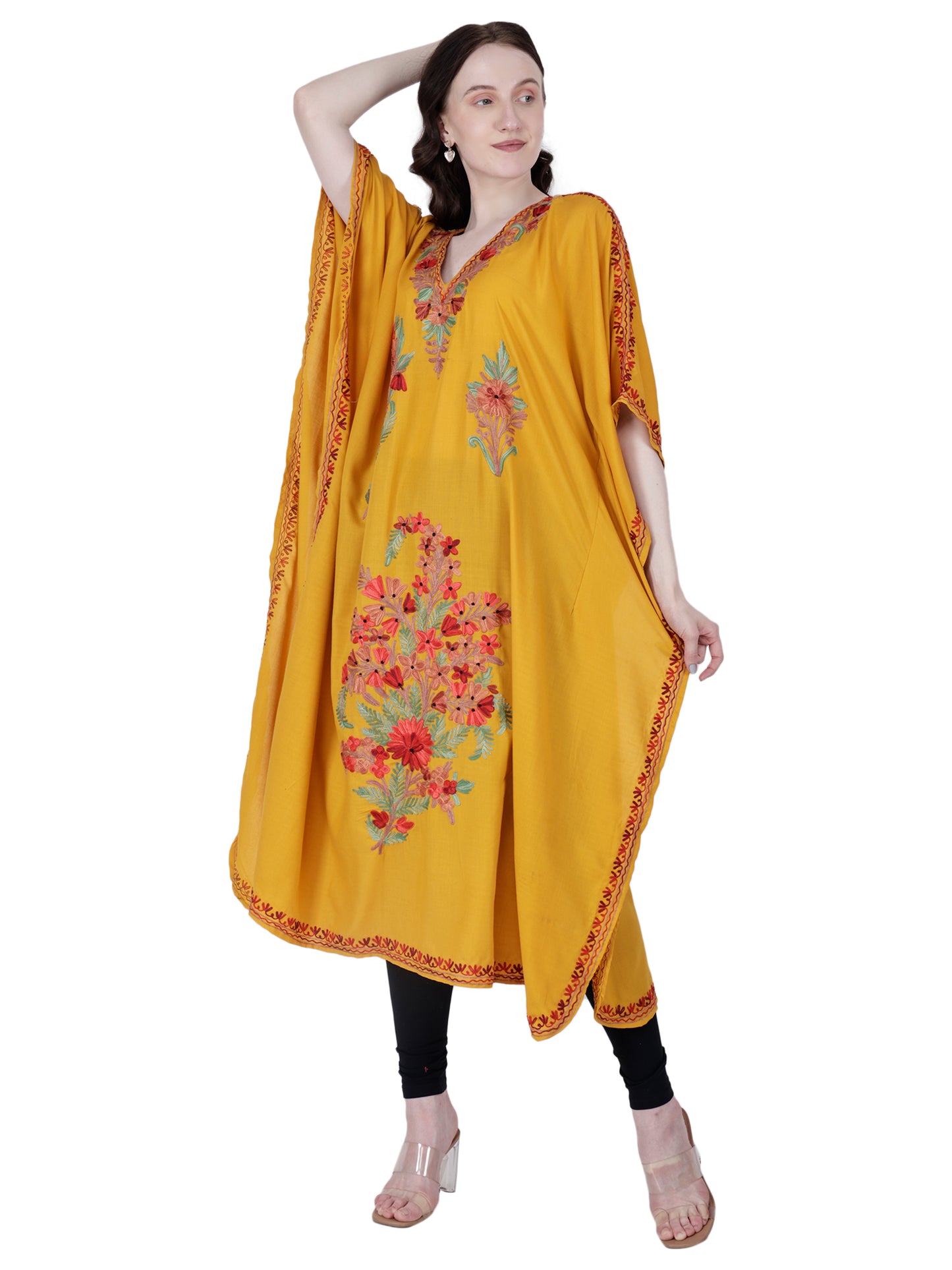 Kashmir Gallery Women Kashmiri Kaftan Nightgown Maxi with Kashmiri Charming Embroidery Free Size