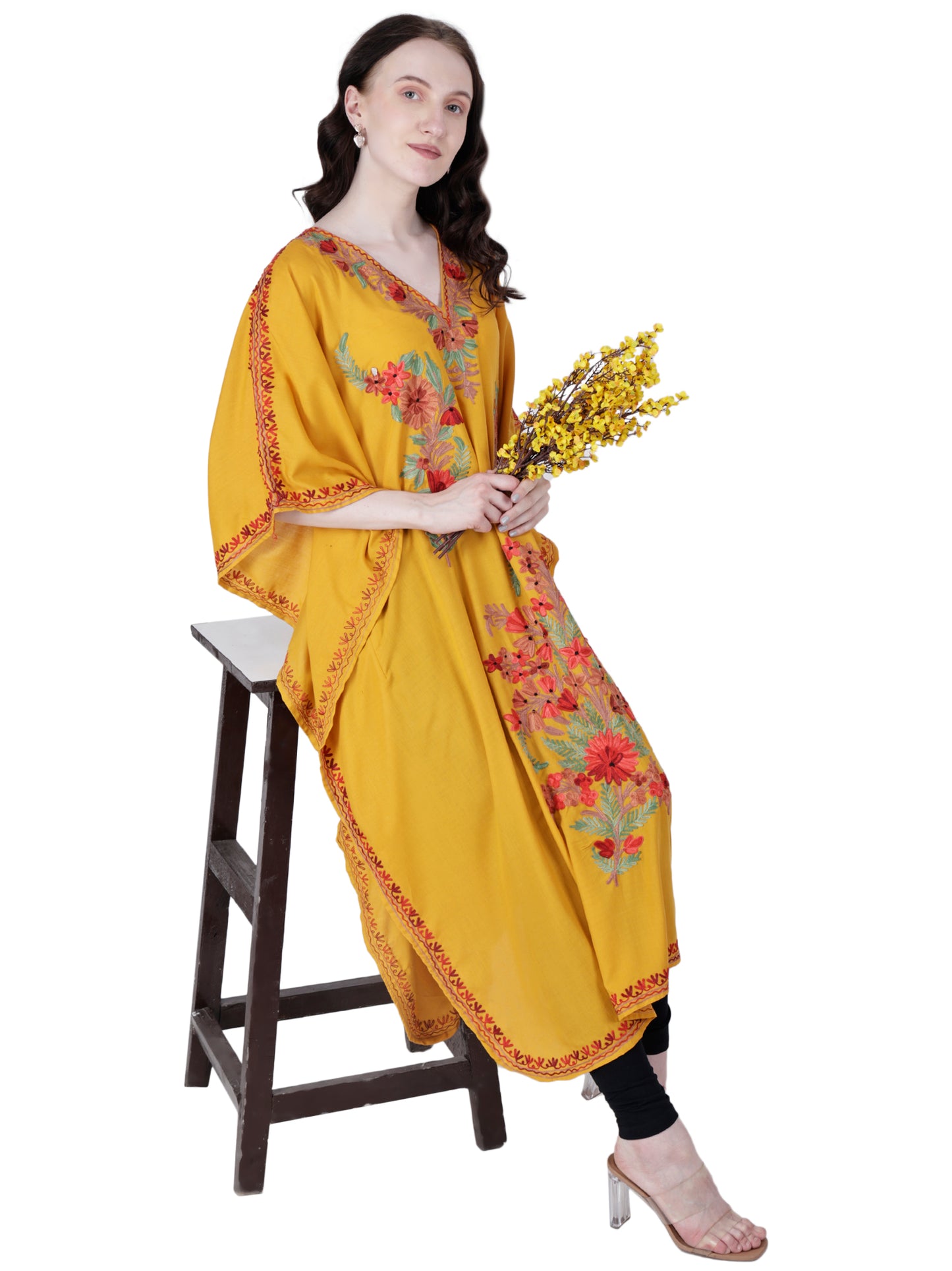 Kashmir Gallery Women Kashmiri Kaftan Nightgown Maxi with Kashmiri Charming Embroidery Free Size