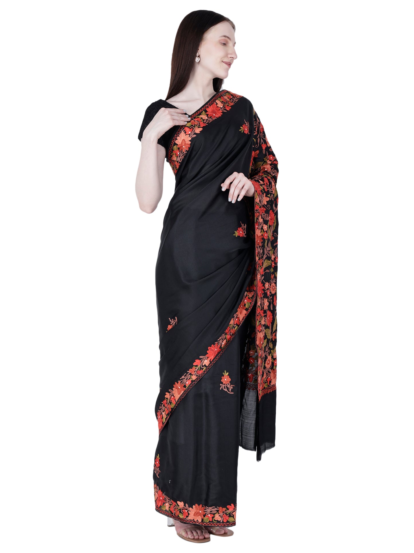 Women's Silk Sarees Embroidered with Kashmiri Aari work | Stylish Saree with Unstitched Blouse Pieces. Black