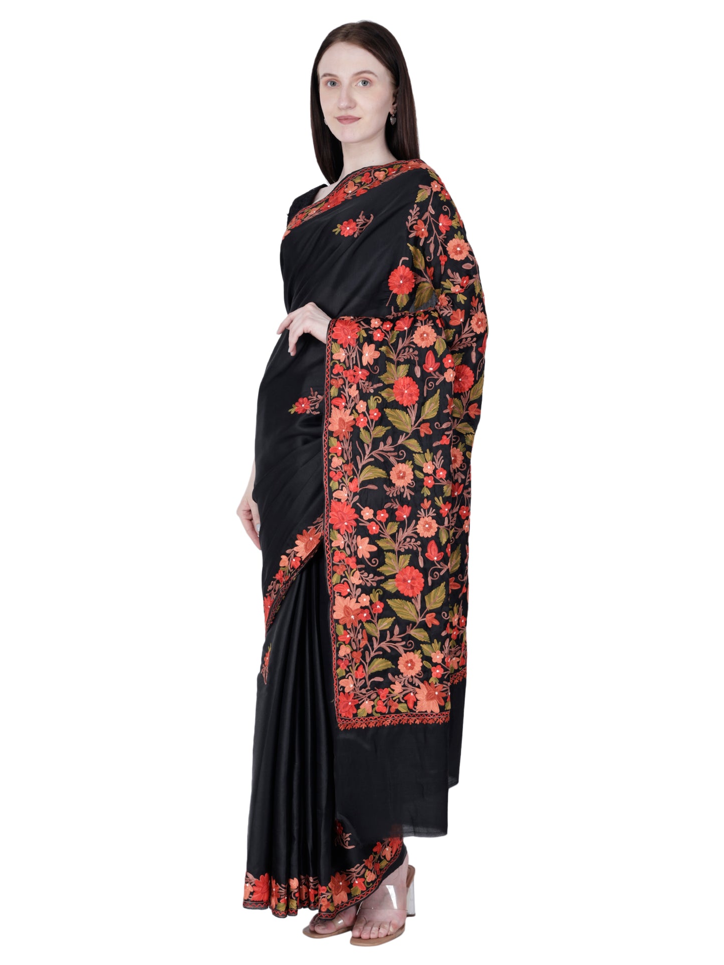 Women's Silk Sarees Embroidered with Kashmiri Aari work | Stylish Saree with Unstitched Blouse Pieces. Black