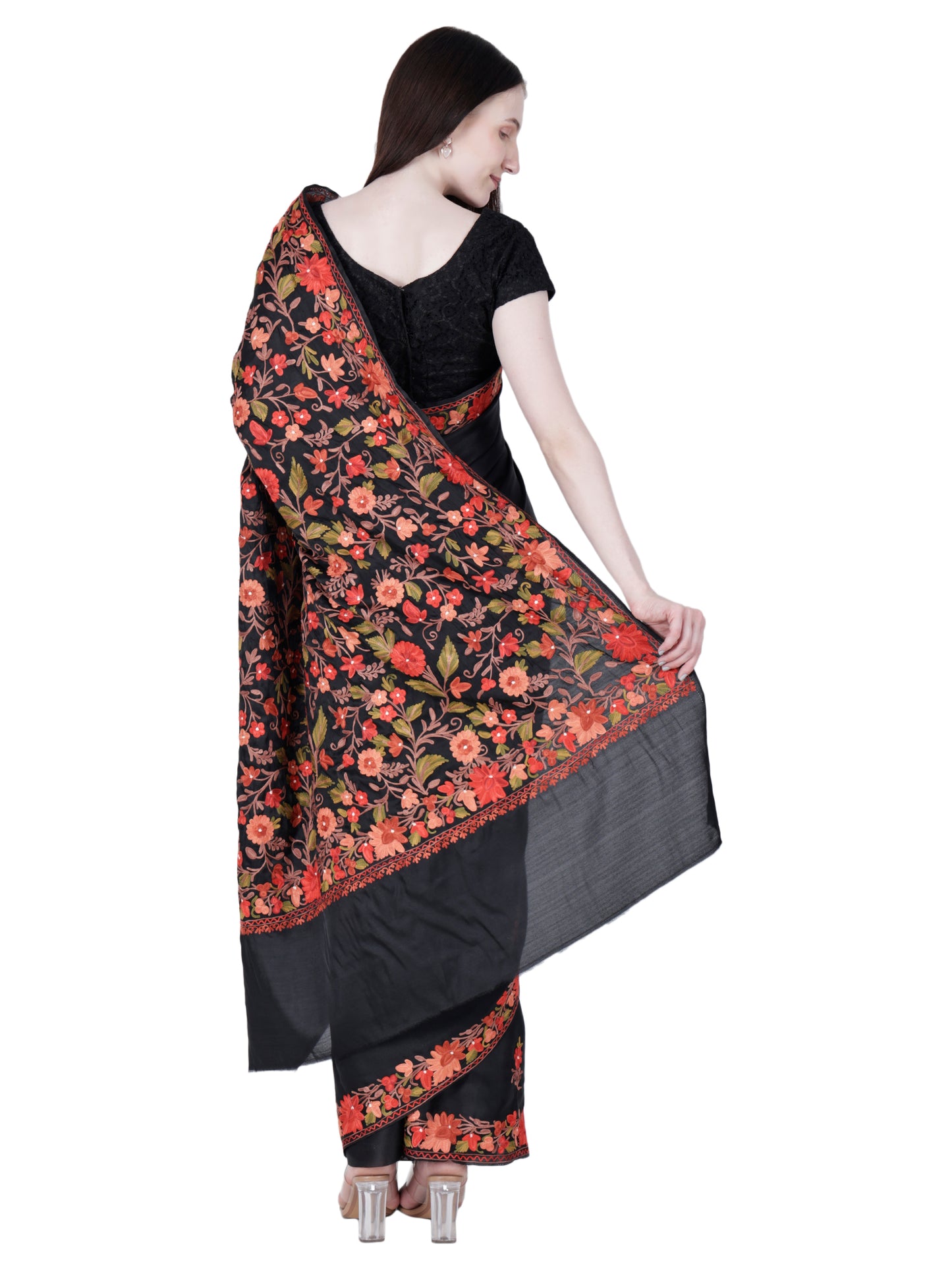 Women's Silk Sarees Embroidered with Kashmiri Aari work | Stylish Saree with Unstitched Blouse Pieces. Black