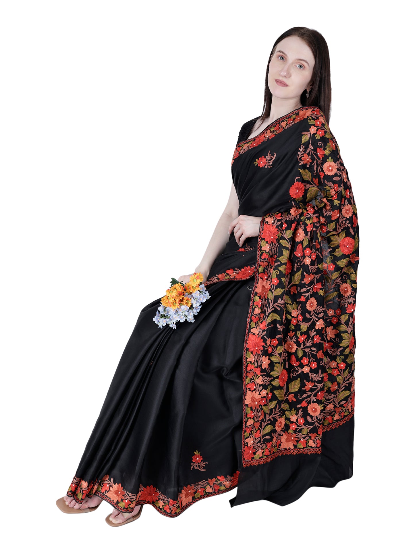 Women's Silk Sarees Embroidered with Kashmiri Aari work | Stylish Saree with Unstitched Blouse Pieces. Black