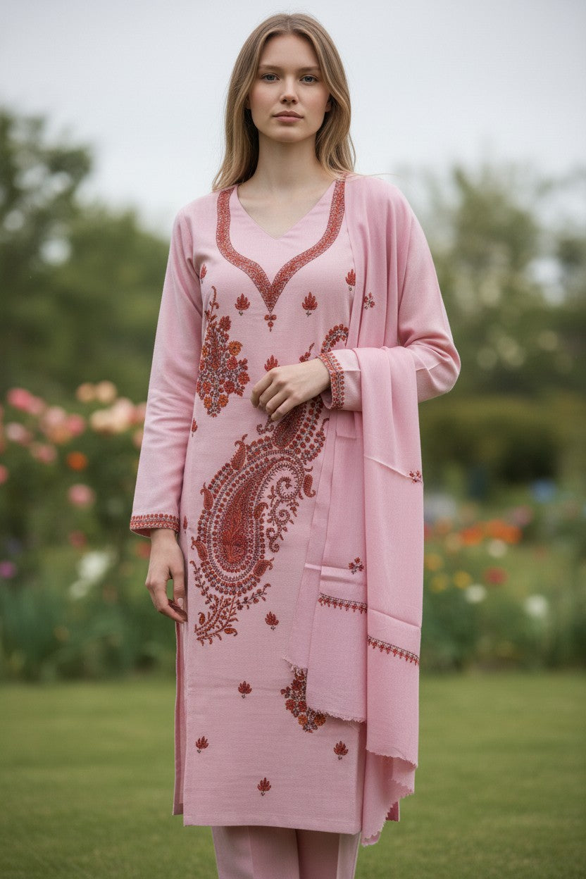 Women Woolen Kashmiri Suits Semi Pashmina Sozni Embroidery - Pink