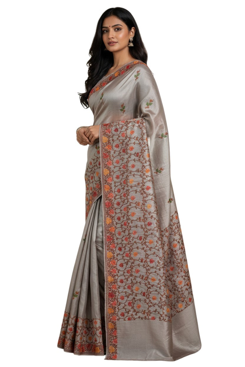 Women's Sarees with Kashmiri Aari Embroidery | Silk Saree with Unstitched Blouse Pieces. - Light Green
