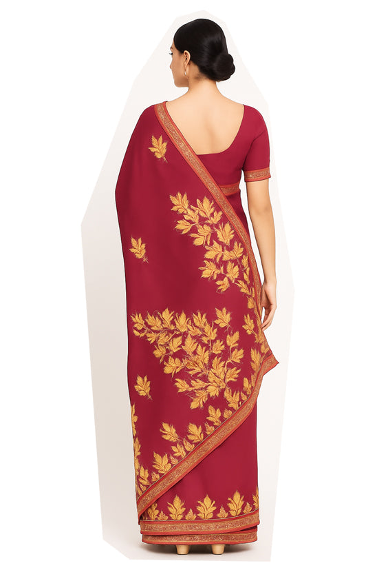 Women's Silk Sarees Embroidered with Kashmiri Aari work | Stylish Saree with Unstitched Blouse Pieces. (Maroon-4)