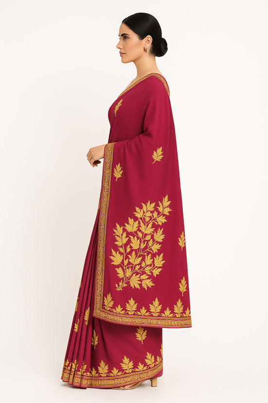 Women's Silk Sarees Embroidered with Kashmiri Aari work | Stylish Saree with Unstitched Blouse Pieces. (Maroon-4)