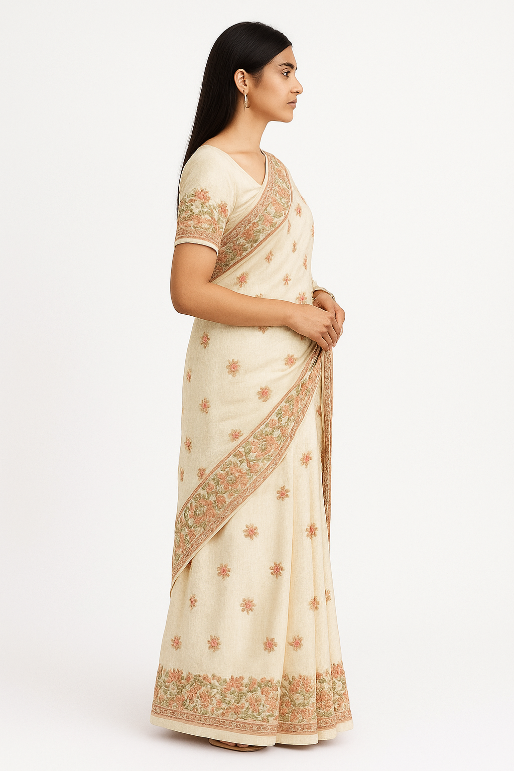 Women's Silk Sarees Embroidered with Kashmiri Aari work | Stylish Saree with Unstitched Blouse Pieces-White