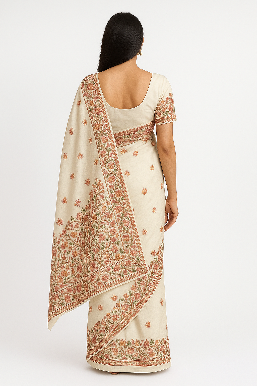 Women's Silk Sarees Embroidered with Kashmiri Aari work | Stylish Saree with Unstitched Blouse Pieces-White