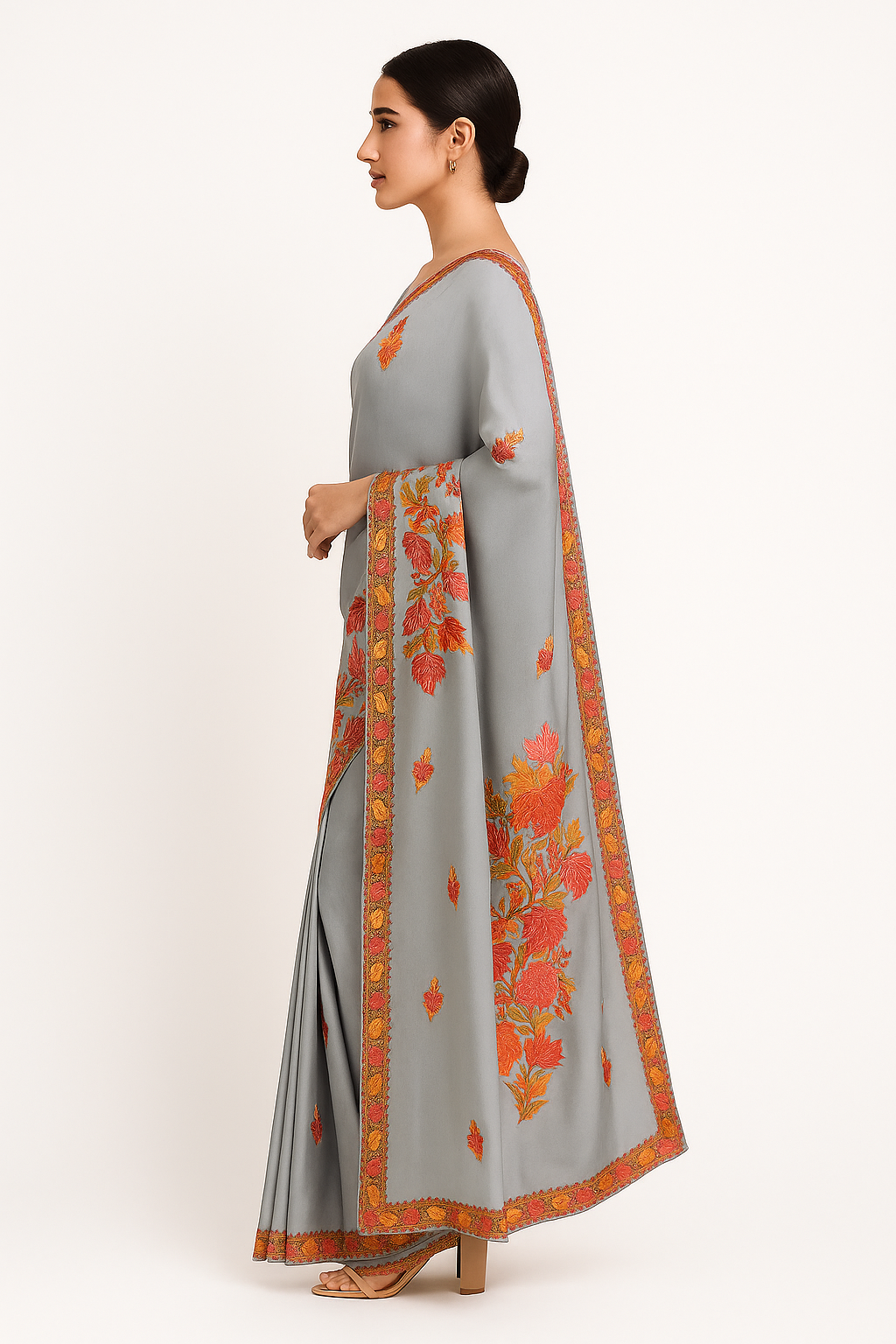 Women's Silk Sarees Embroidered with Kashmiri Aari work | Stylish Saree with Unstitched Blouse Pieces. Grey1