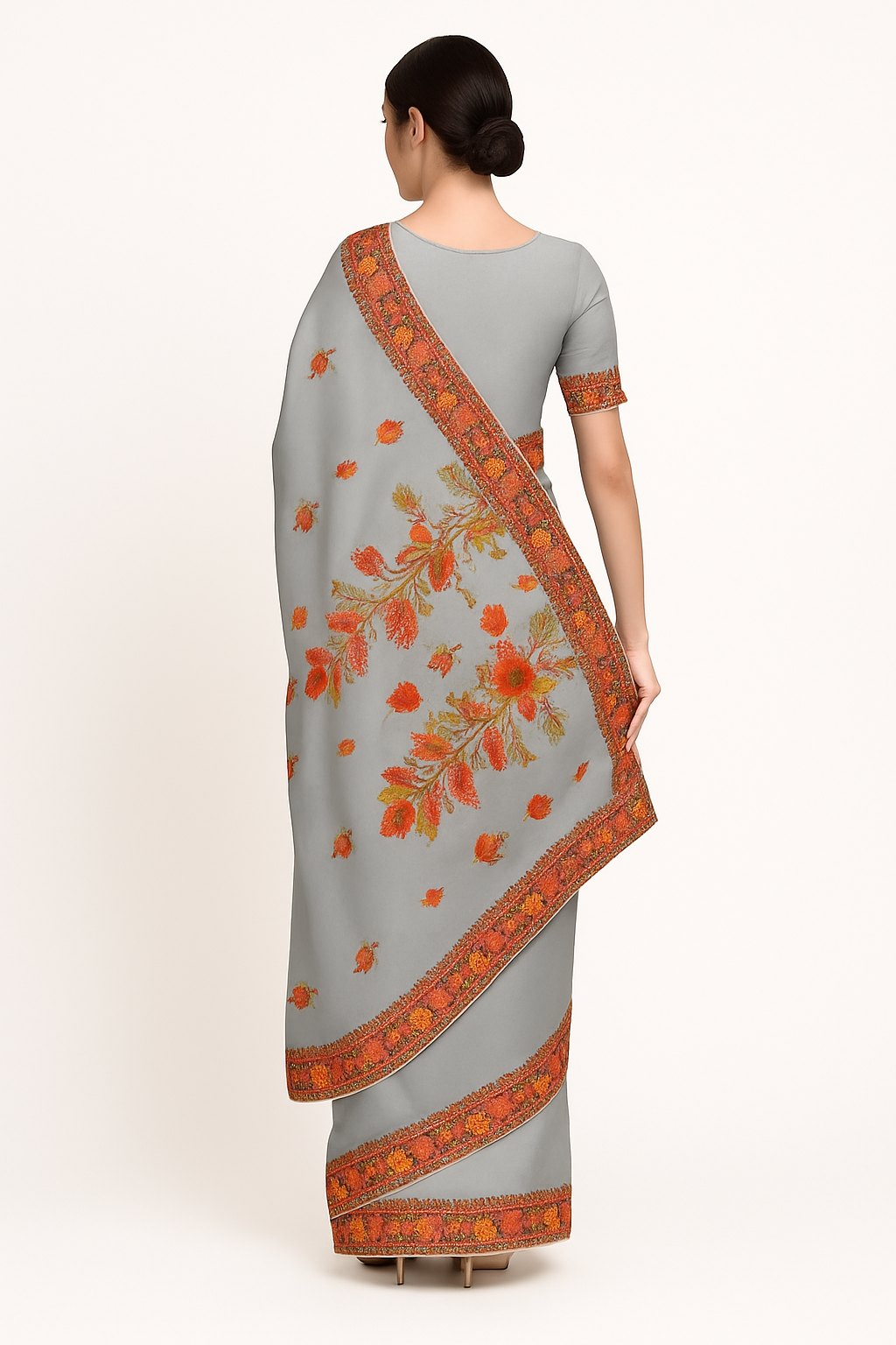Women's Silk Sarees Embroidered with Kashmiri Aari work | Stylish Saree with Unstitched Blouse Pieces. Grey1