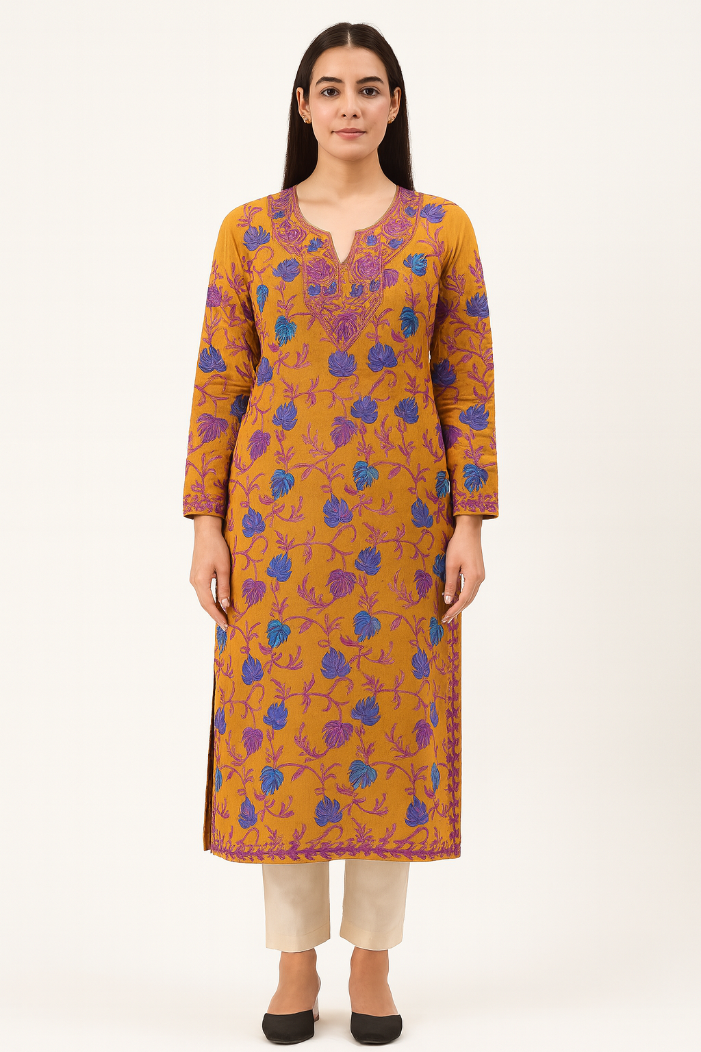 Kashmir Gallery Kashmiri Kurti for Women Cotton Kurti with Embroidery - Mustard