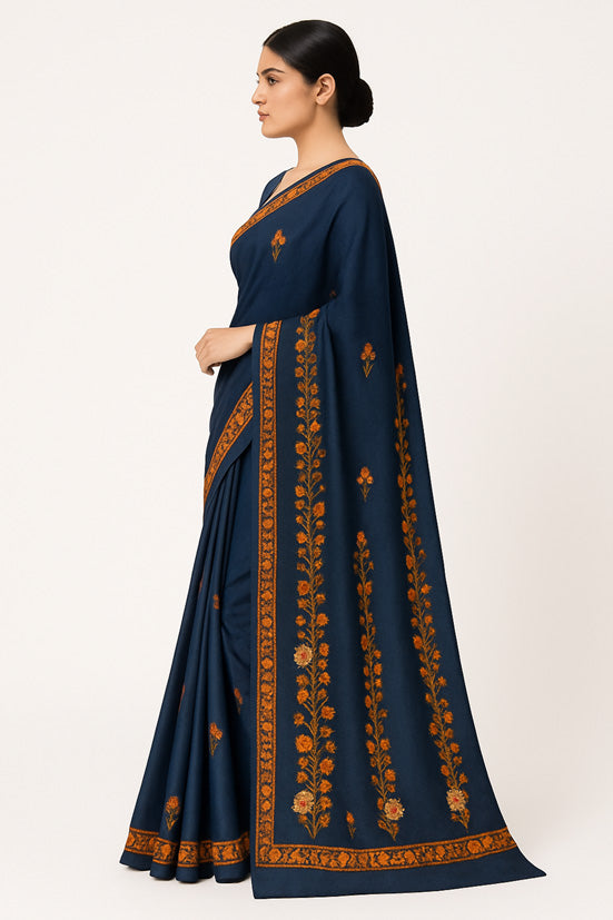 Women's Silk Sarees Embroidered with Kashmiri Aari work | Stylish Saree with Unstitched Blouse Pieces. - Blue