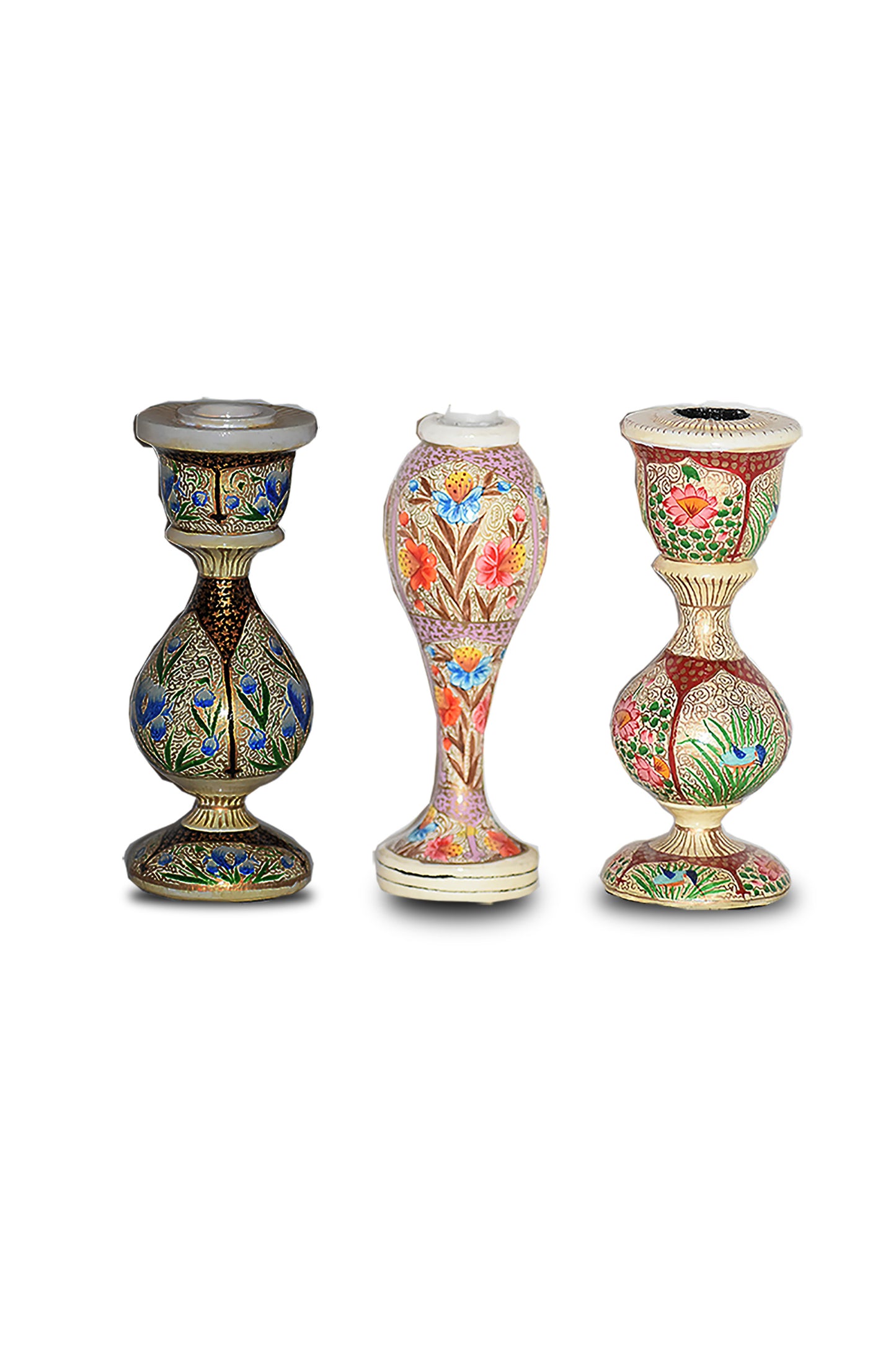 Kashmir Gallery Wooden Candle Stand Decorative Item Painted with Kashmiri Hand Embroidery- Set of 3 (2 x 6 in)