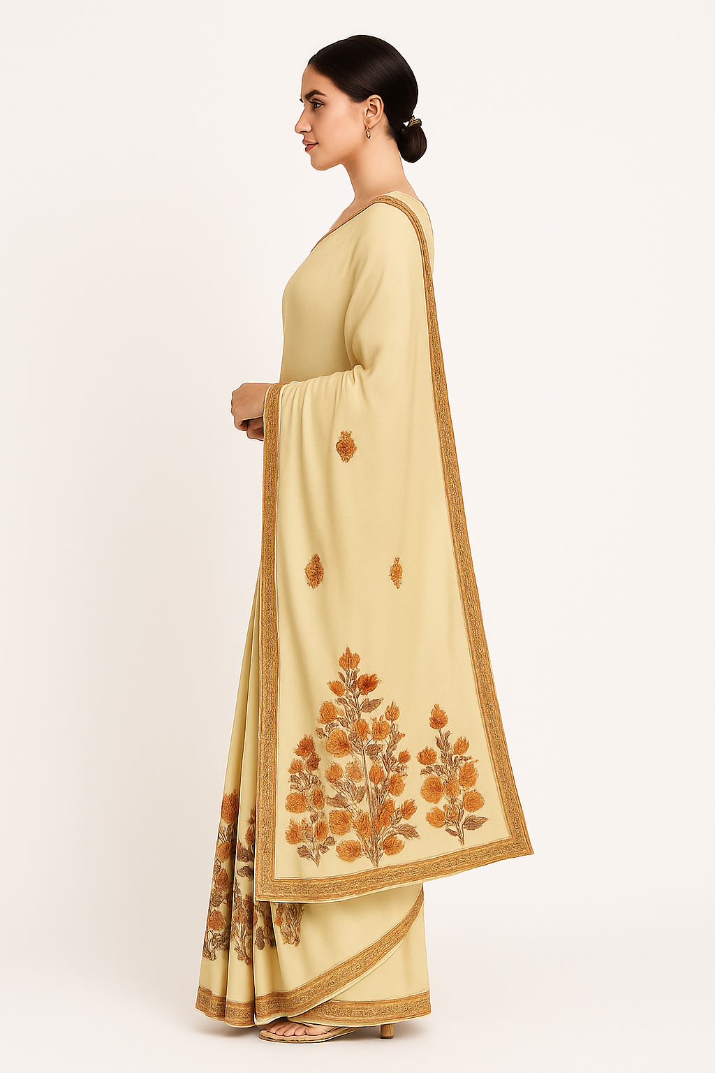 Women's georgette Sarees Embroidered with Kashmiri Aari work | Stylish Saree with Unstitched Blouse Pieces. (Geogrette_Beige-3)