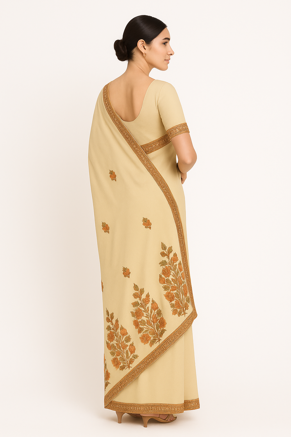 Women's georgette Sarees Embroidered with Kashmiri Aari work | Stylish Saree with Unstitched Blouse Pieces. (Geogrette_Beige-3)