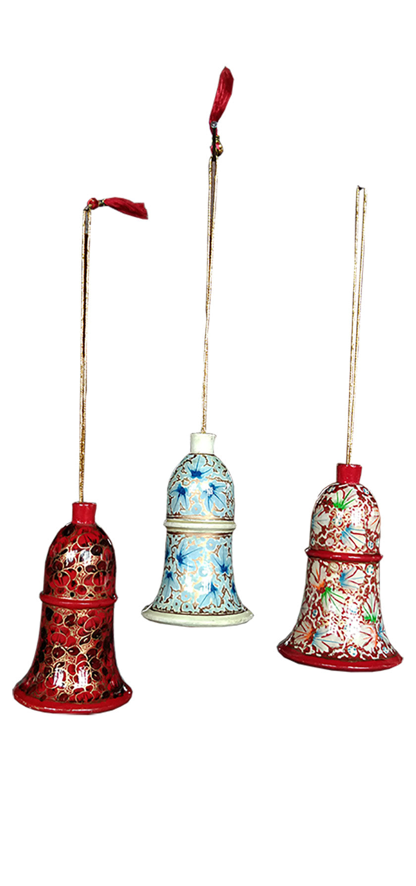Paper Mache Multi Color Set of 3 Hand Made Kashmiri Floral Embroidery 3 inch Tall Wooden Bells