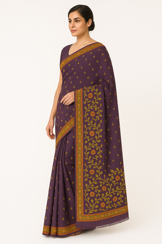 Women's Silk Sarees Embroidered with Kashmiri Aari work | Stylish Saree with Unstitched Blouse Pieces. - Purple