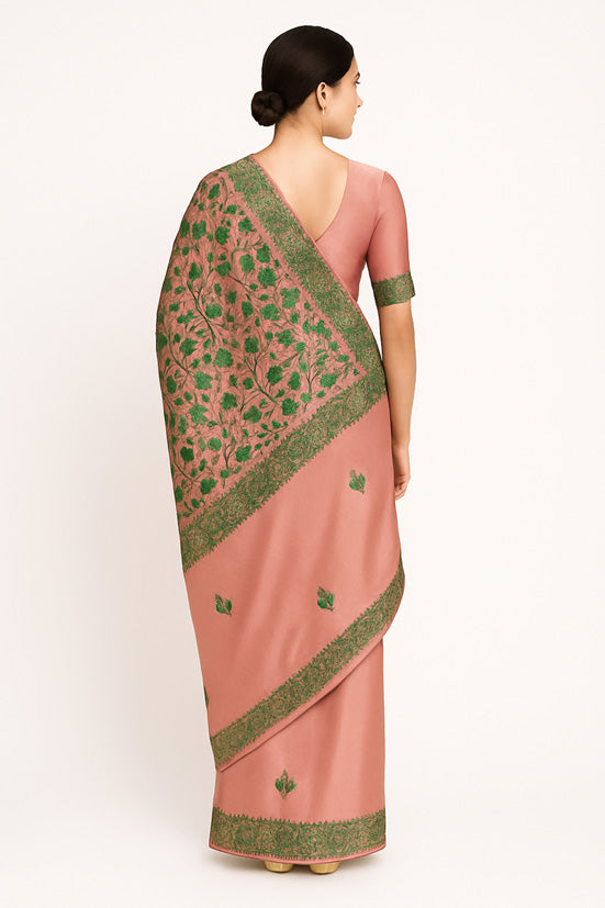 Women's Silk Sarees Embroidered with Kashmiri Aari work | Stylish Saree with Unstitched Blouse Pieces. Pink2