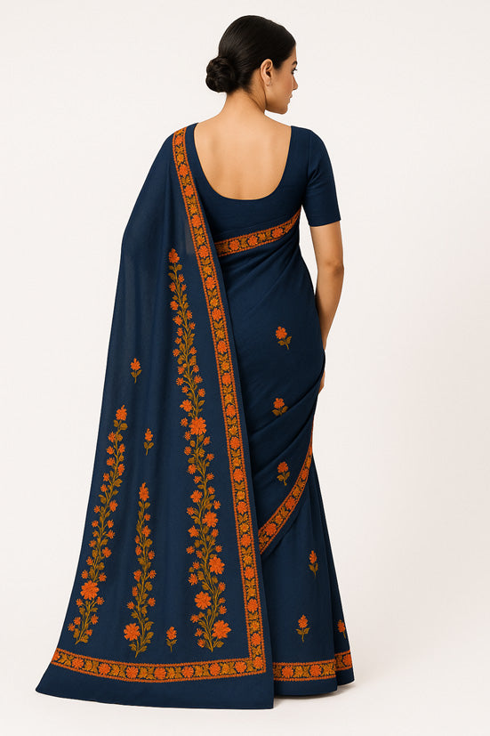Women's Silk Sarees Embroidered with Kashmiri Aari work | Stylish Saree with Unstitched Blouse Pieces. - Blue