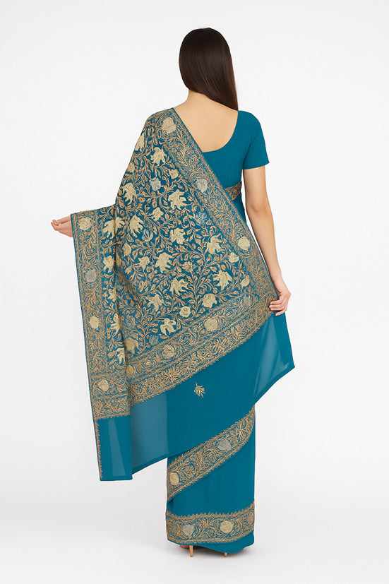 Women's Silk Sarees Embroidered with Kashmiri Aari work | Stylish Saree with Unstitched Blouse Pieces. (blue-4)