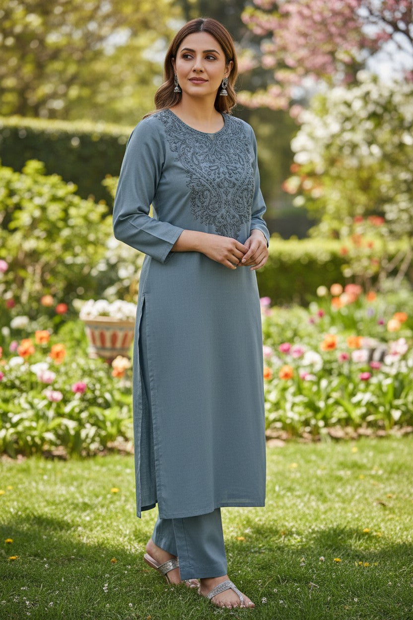 Kashmiri Supan Suits With Aari Embroidery - Blue