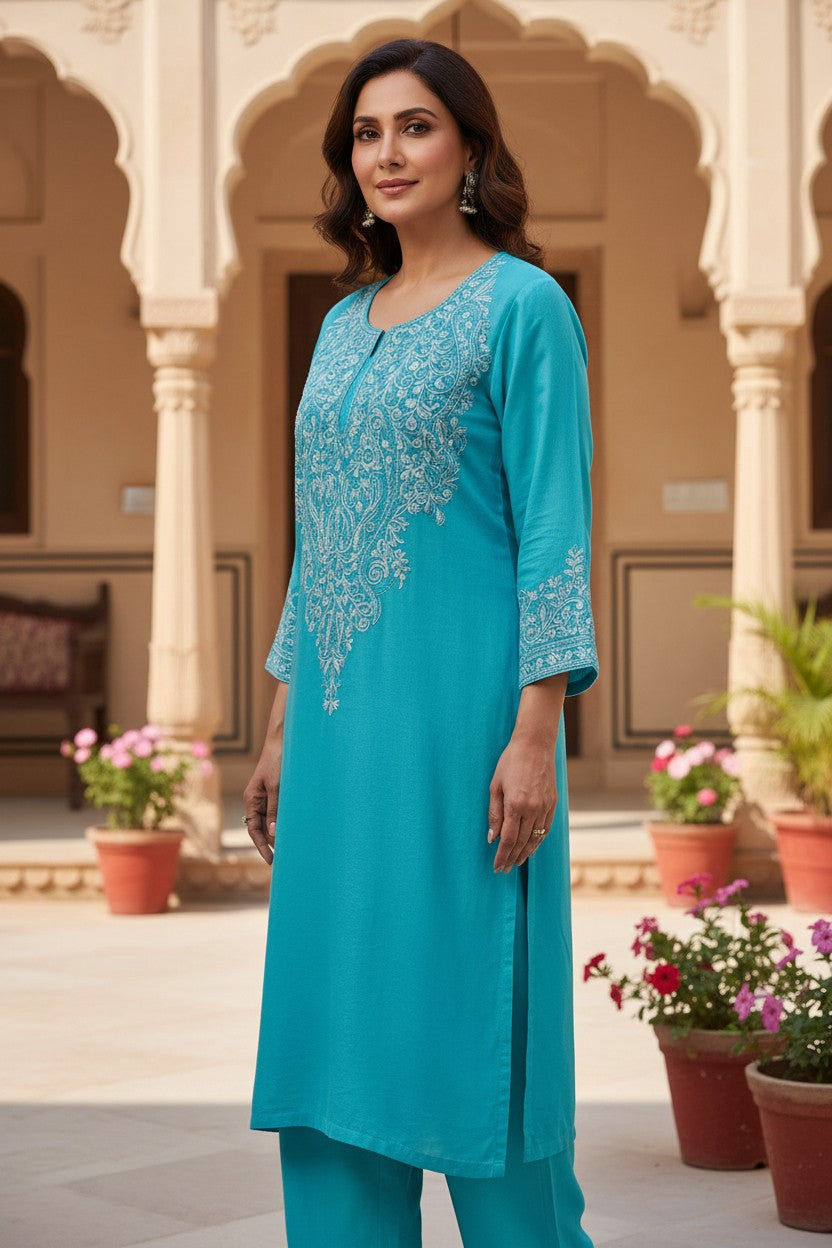 Kashmiri Supan Suits With Aari Embroidery - Turquoise