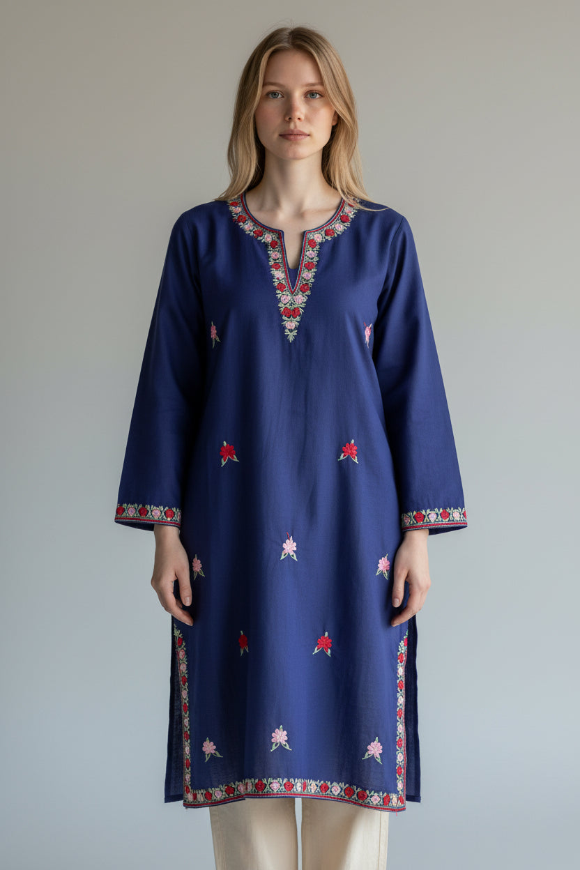 Kashmir Gallery Kashmiri Cotton Kurti for Women with Aari Embroidery | Summer Wear Traditional Designer Kurti for Women- Navy Blue-1