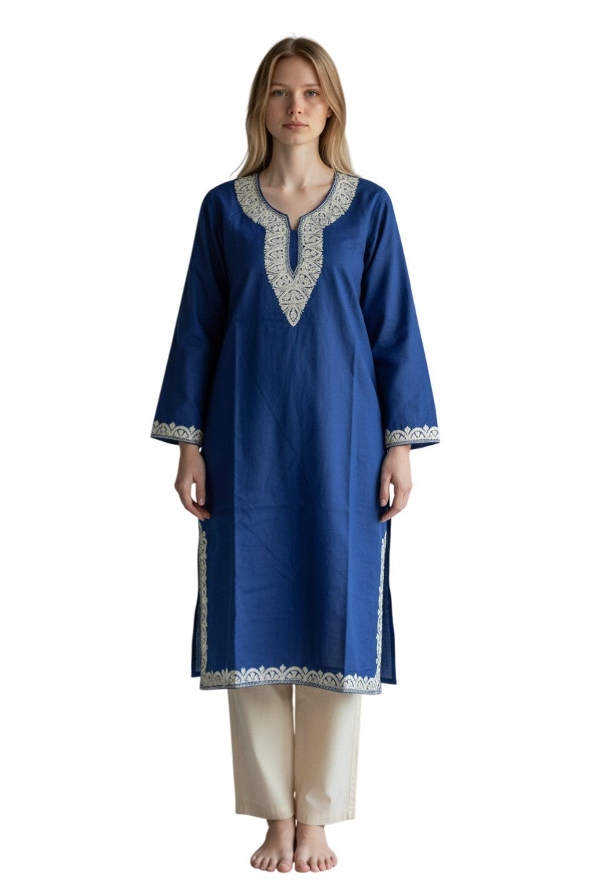 Kashmir Gallery Kashmiri Cotton Kurti for Women with Aari Embroidery | Summer Wear Traditional Designer Kurti for Women- Royal Blue3