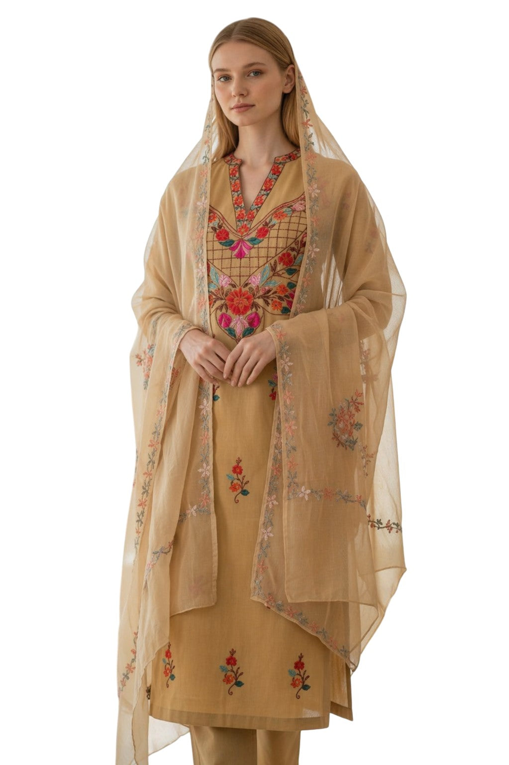 Women Cotton Suits with Kashmiri Embroidery Unstitched Dress Material - Beige