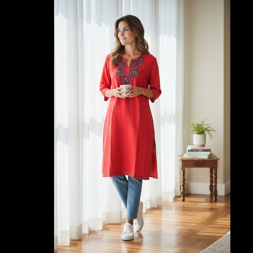 Kashmiri Woolen Pheran with Traditional Embroidery - Red