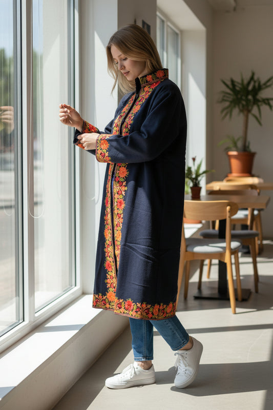 Womenโs Woolen Long Coat โ Elegant Winter Wear - Blue